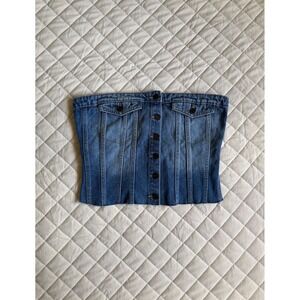 Y2K Pookie & Sebastian Blue Denim Tube Top Women's Sz L Strapless Button Front